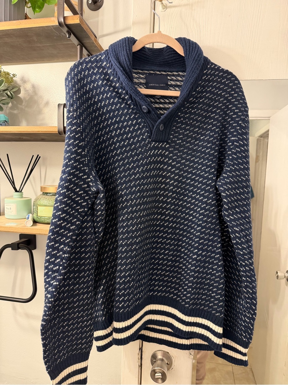 American Eagle Outfitters Navy Sweater with Ivory Stripes